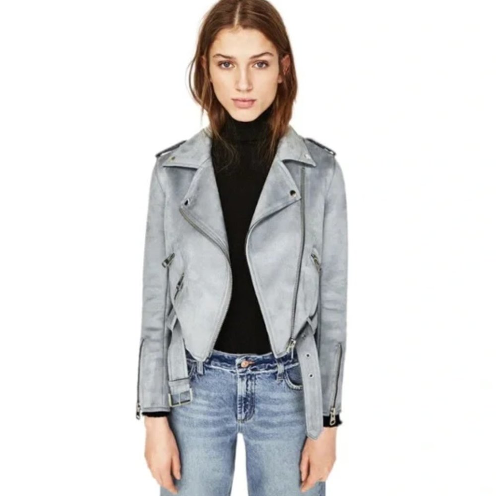 Zara Light Blue Suede Moto Jacket